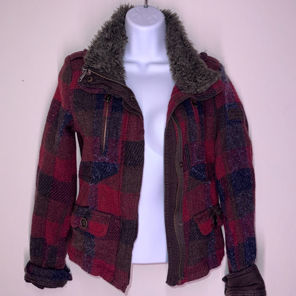 Abercrombie & Fitch Red Plaid Wool Blend Jacket with Faux Fur Collar